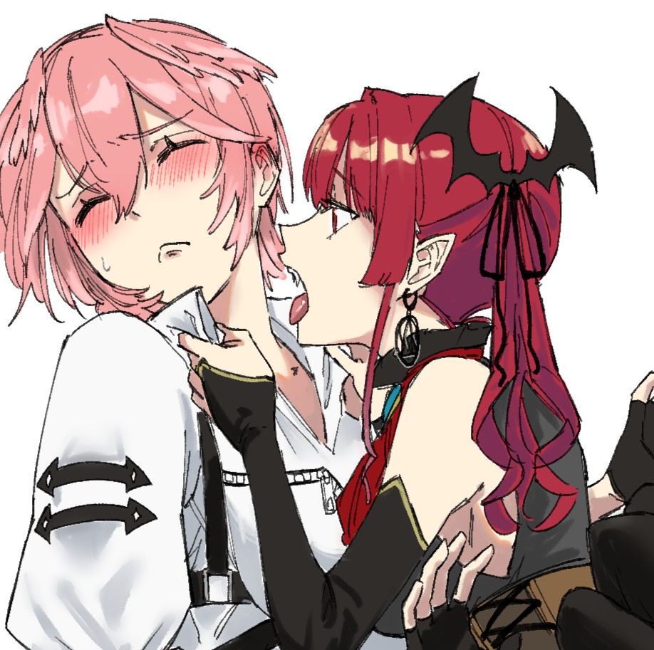 2girls, alternate_costume, bat_hair_ornament, black_gloves, blush, bridal_gauntlets, earrings, fingerless_gloves, gloves, hair_ornament, hololive, houshou_marine, jewelry, karakr_shin, multiple_girls, open_mouth, pink_hair, pointy_ears, red_eyes, redhead, sharp_teeth, takane_lui, teeth, tongue, twintails, vampire, yuri