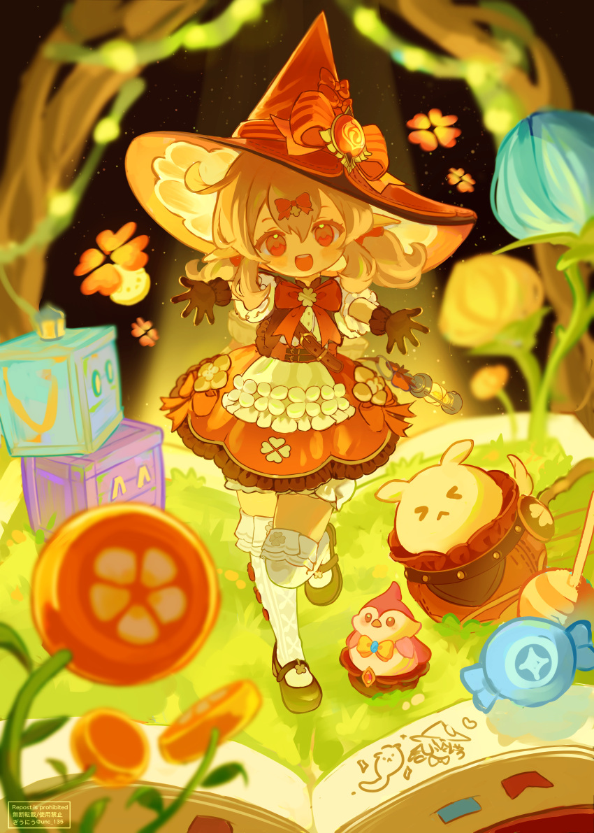 1girl, absurdres, bird, black_footwear, black_gloves, book, bow, bowtie, box, candy, dodoco_(genshin_impact), dress, food, frills, genshin_impact, gloves, grass, gyuunyuu_(unc_135), hat, hat_ornament, highres, jumpy_dumpty, klee_(blossoming_starlight)_(genshin_impact), klee_(genshin_impact), lantern, loli, looking_at_viewer, multicolored_clothes, multicolored_dress, over-kneehighs, pointy_ears, red_bow, red_bowtie, red_headwear, socks, thigh-highs, vision_(genshin_impact), white_socks, witch_hat