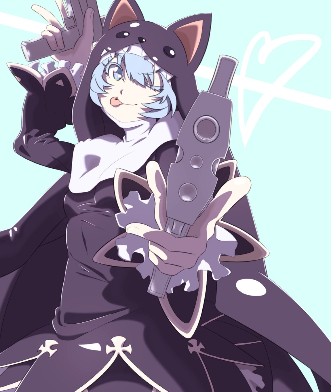 1girl, animal_hood, blue_eyes, blue_hair, digimon, digimon_(creature), dual_wielding, gun, hat, highres, holding, holding_gun, holding_weapon, hood, looking_at_viewer, nun, one_eye_closed, short_hair, sistermon_noir, solo, taira_(tairamon), tongue, tongue_out, weapon