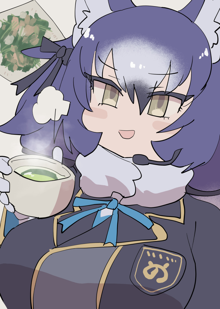 1girl, animal_ears, blazer, blue_hair, cup, dire_wolf_(kemono_friends), extra_ears, gloves