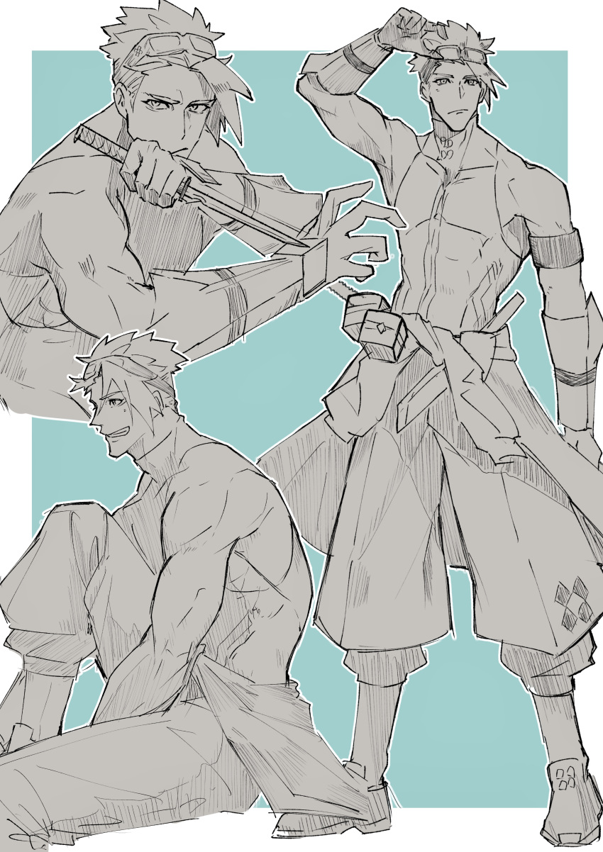 1boy, absurdres, achilles_(fate), achilles_(fearless_diver)_(fate), armband, blue_background, border, clothes_around_waist