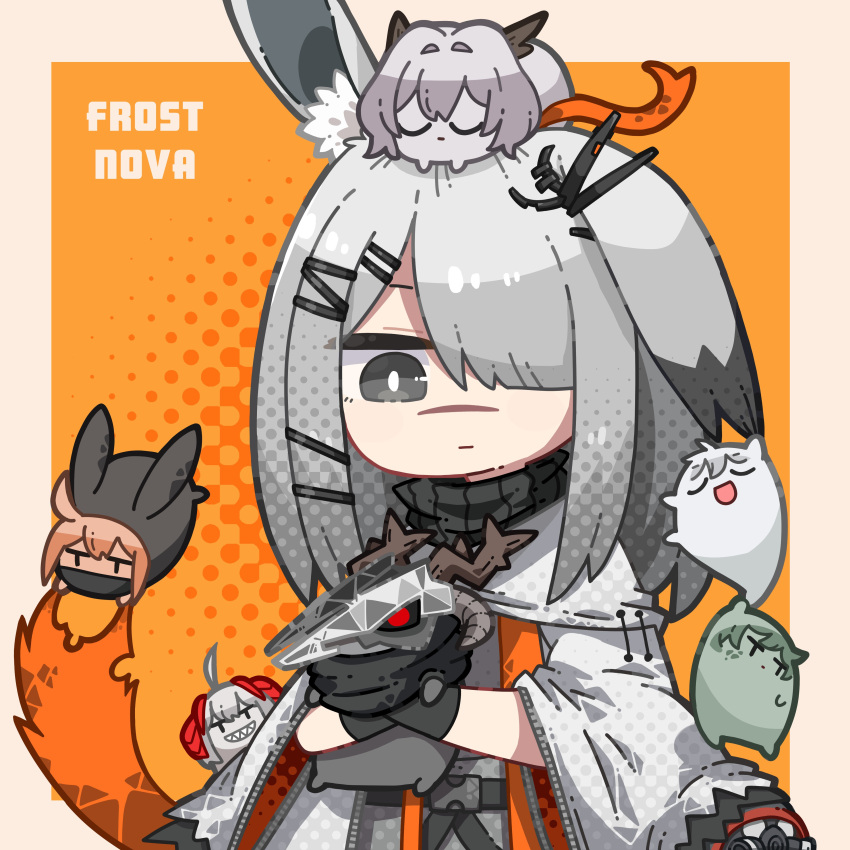 1girl, :d, absurdres, animal_ears, arknights, black_gloves, border, character_name