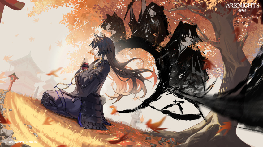 1girl, absurdres, animal_ears, arknights, autumn_leaves, black_hair, black_kimono, closed_eyes
