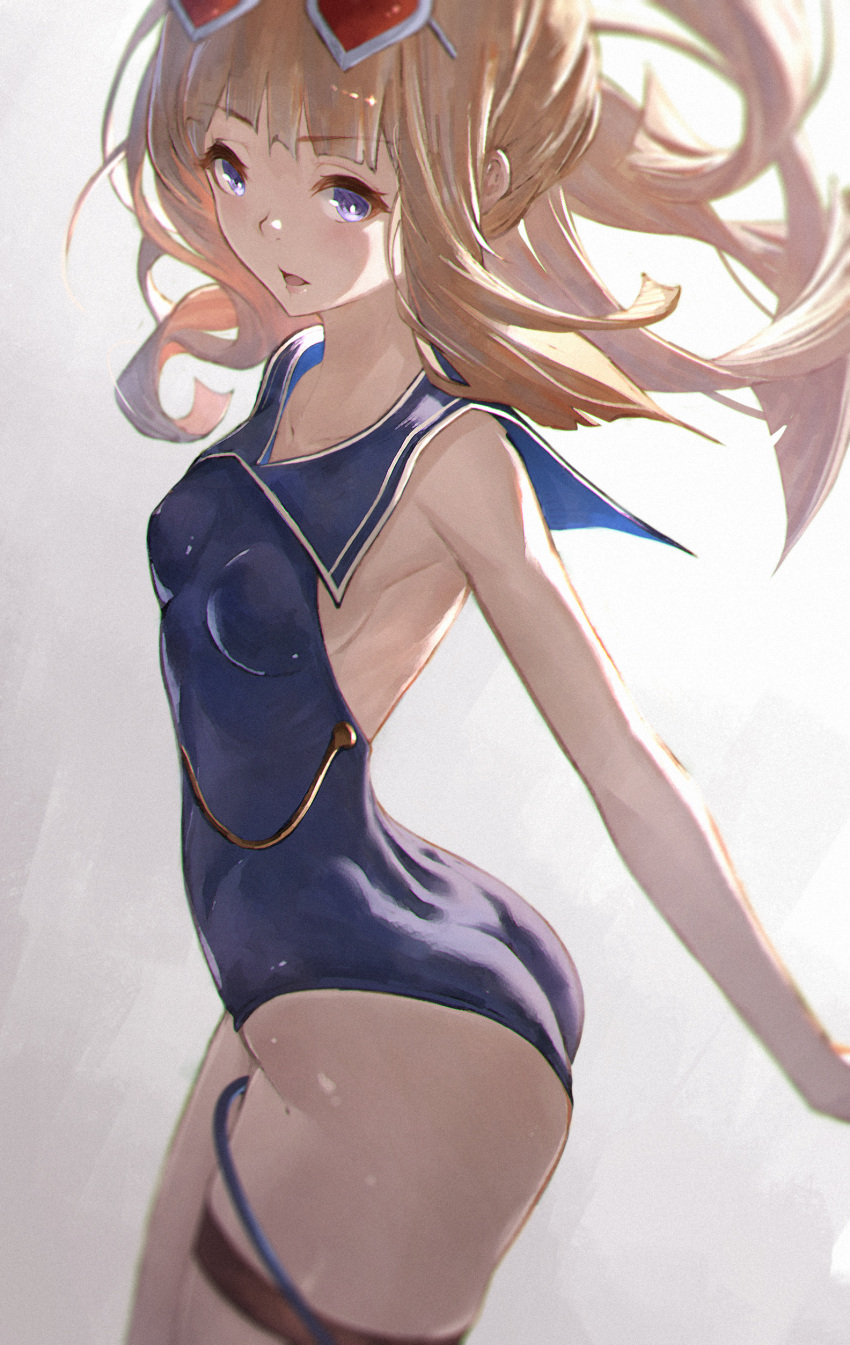 1girl, absurdres, armpits, ass, blonde_hair, blue_eyes, blue_one-piece_swimsuit, breasts