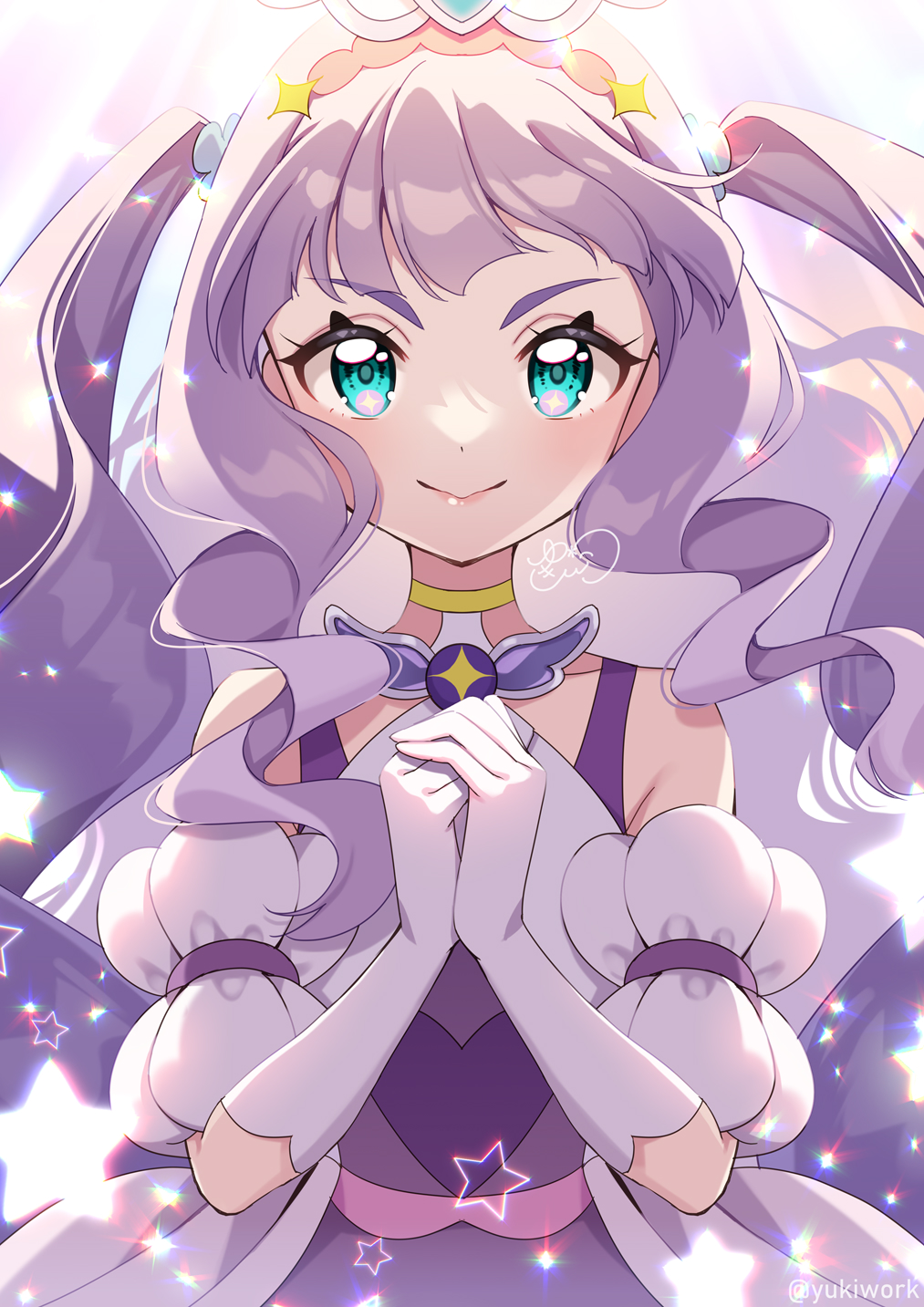 1girl, artist_name, backlighting, blue_eyes, brooch, closed_mouth, clothing_cutout, commentary