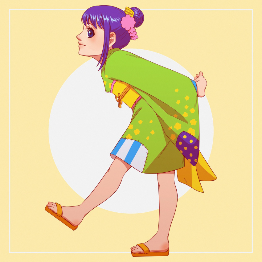 1girl, absurdres, arms_behind_back, closed_mouth, from_side, full_body, hair_bun, hair_ornament, highres, japanese_clothes, one_piece, purple_hair, sandals, single_hair_bun, smile, solo, tama_(one_piece), traditional_clothes, tsukizawr