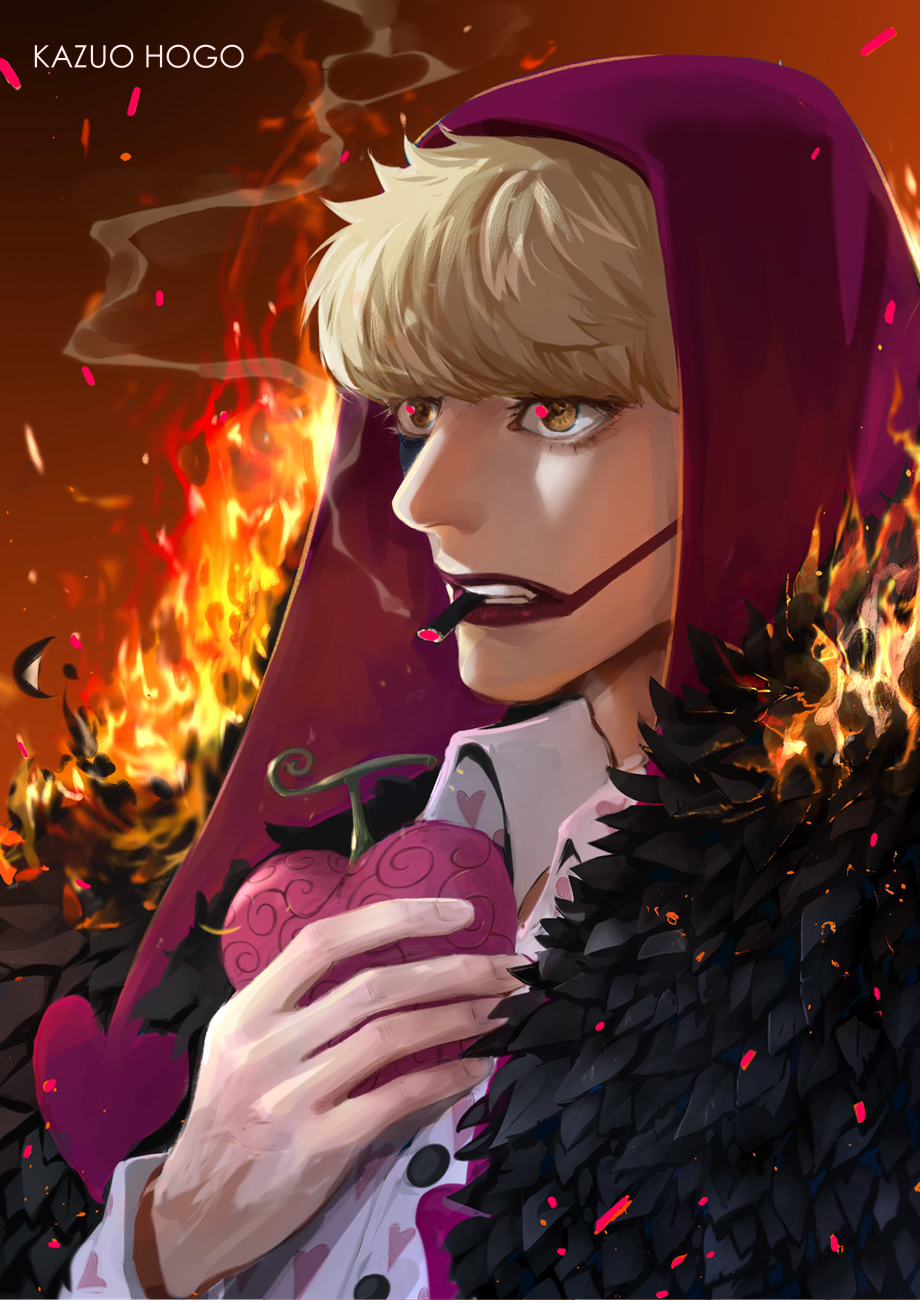 1boy, artist_name, black_coat, blonde_hair, cigarette, coat, donquixote_rocinante, english_commentary