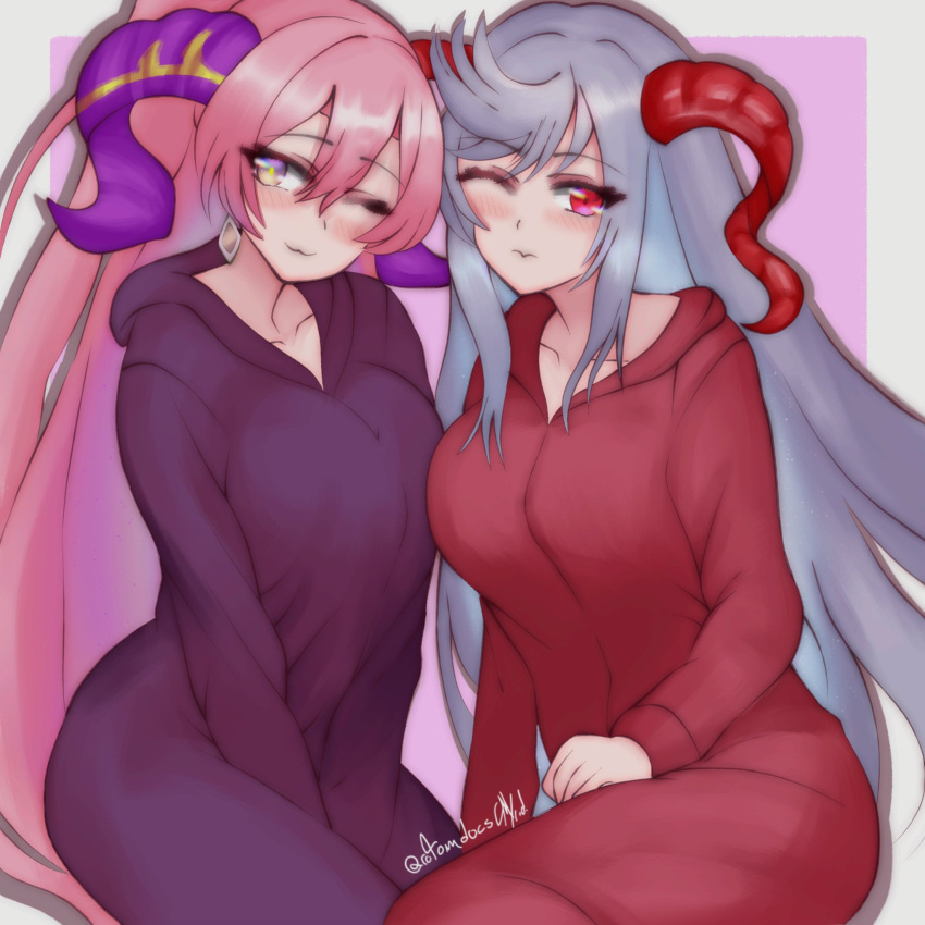 2girls, alternate_costume, english_commentary, fire_emblem, fire_emblem_heroes, freyja_(fire_emblem), goat_girl, goat_horns