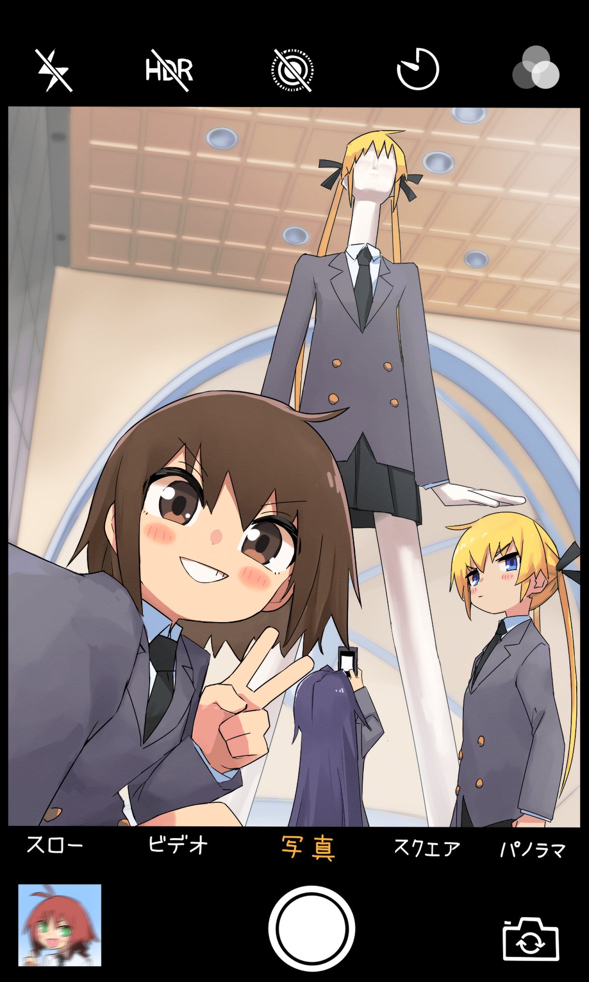 3girls, black_necktie, black_ribbon, black_skirt, blonde_hair, blue_eyes, blush, brown_eyes, brown_hair, closed_mouth, cosplay, fake_phone_screenshot, fake_screenshot, goshiki_agiri, grey_jacket, grin, hair_ribbon, highres, indoors, jacket, kill_me_baby, long_hair, long_sleeves, mannequin, multiple_girls, nana-chan, necktie, oribe_yasuna, pleated_skirt, purple_hair, ribbon, school_uniform, selfie, short_hair, skirt, smile, sonya_(kill_me_baby), sonya_(kill_me_baby)_(cosplay), twintails, unused_character_(kill_me_baby), v, yachima_tana