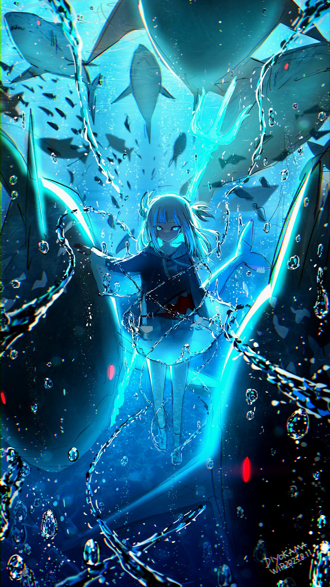 air_bubble, animal, animal_hood, artist_name, blue_eyes, blue_hair, blue_hoodie, blue_light