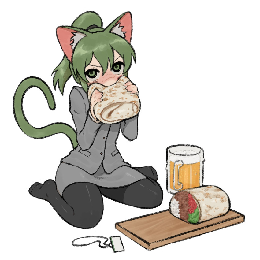 1girl, alcohol, animal_ear_fluff, animal_ears, beer, beer_mug, blush, burrito