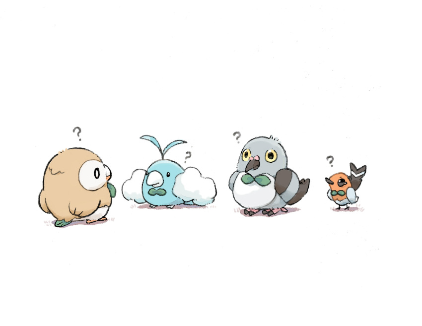 ?, ambiguous_gender, animal, animal_focus, beak, bird, blue_feathers, bow, bowtie, bright_pupils, closed_mouth, coba_to_coba, feathers, fletchling, fluffy, green_bow, green_bowtie, highres, no_humans, no_sclera, pidove, pokemon, pokemon_(creature), rowlet, signature, simple_background, solid_circle_eyes, solid_oval_eyes, swablu, white_background, white_pupils