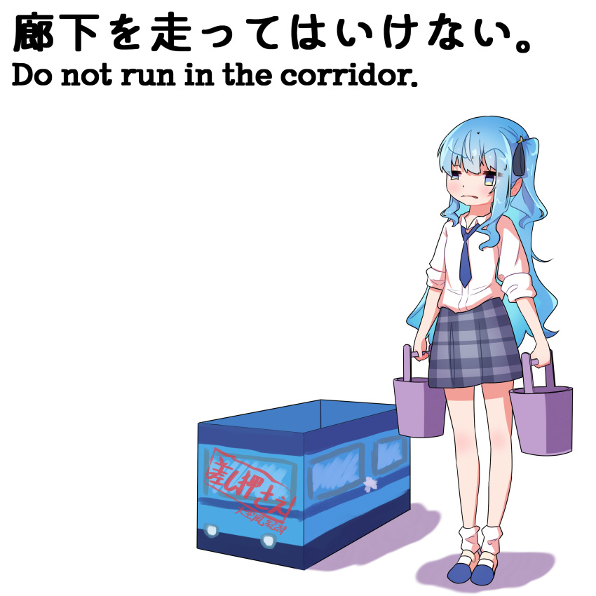 1girl, absurdres, alternate_costume, blue_eyes, blue_hair, blue_necktie, blue_ribbon, bucket, bucket_punishment, collared_shirt, dezhsieh, english_text, full_body, grey_skirt, hair_ribbon, highres, holding, holding_bucket, hololive, hoshimachi_suisei, long_hair, mixed-language_text, necktie, plaid, plaid_skirt, ribbon, school_uniform, shirt, shoes, sidelocks, simple_background, skirt, sleeves_rolled_up, socks, solo, standing, uwabaki, virtual_youtuber, white_background, white_shirt, white_socks