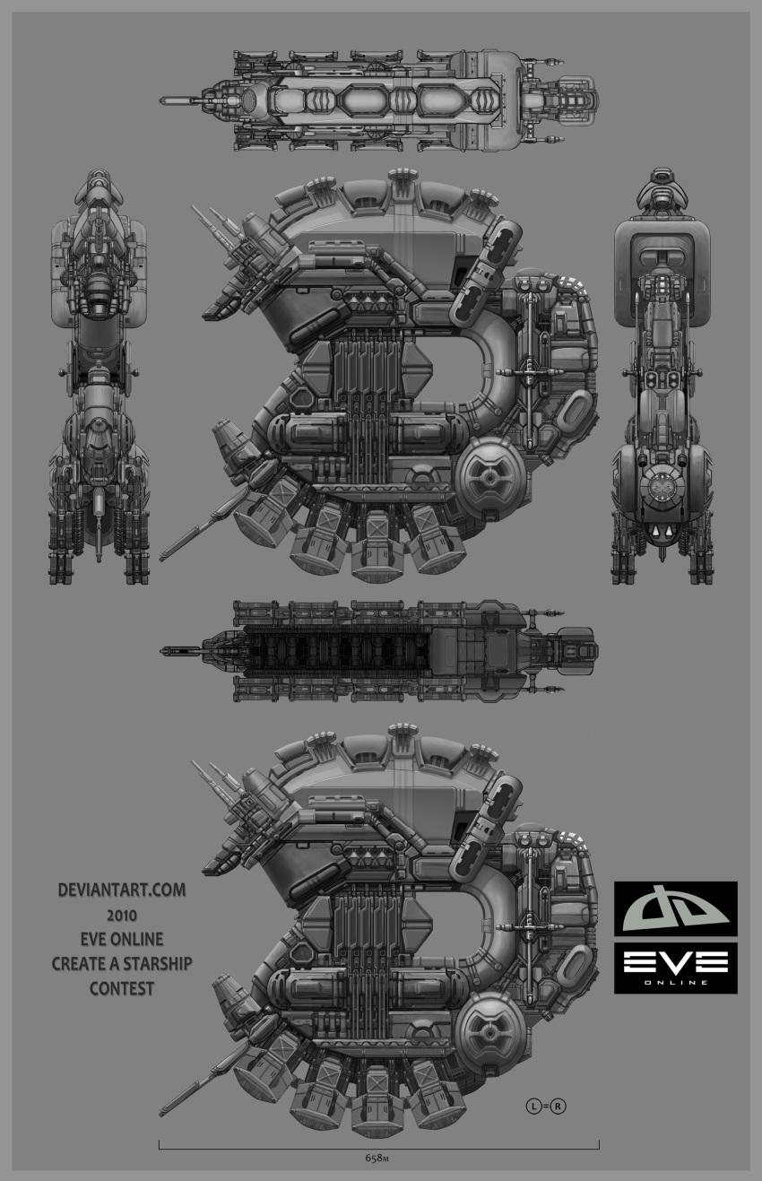 3d, absurdres, commentary, concept_art, copyright_name, dated, eve_online, from_side, greyscale, highres, logo, military_vehicle, monochrome, multiple_views, original, reference_sheet, science_fiction, spacecraft, tomacmuni, vehicle_focus