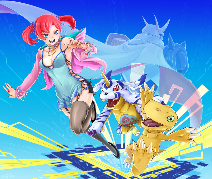 1girl, 3others, absurdres, agumon, black_thighhighs, blue_dress, blue_eyes, bracelet