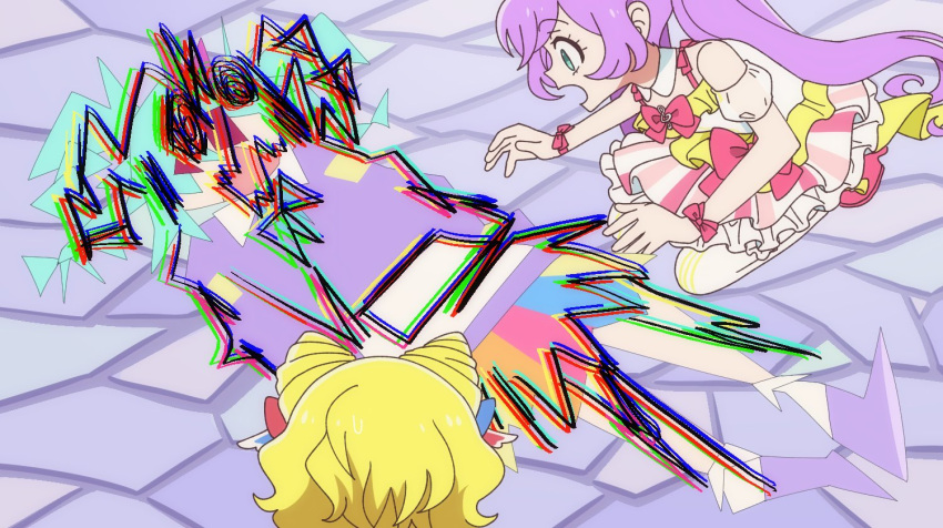 3girls, blonde_hair, blue_hair, bocchi_the_rock!, bow, commentary_request, cone_hair_bun, curly_hair