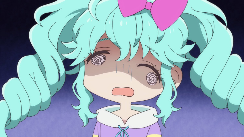 1girl, @_@, blue_background, blue_hair, bocchi_the_rock!, bow, comedy, commentary_request