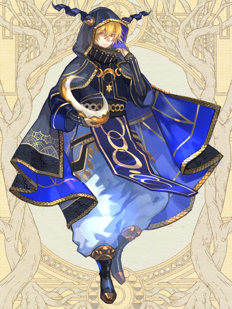 1boy, adjusting_clothes, black_cape, black_footwear, black_horns, black_sash, blonde_hair, blue_robe