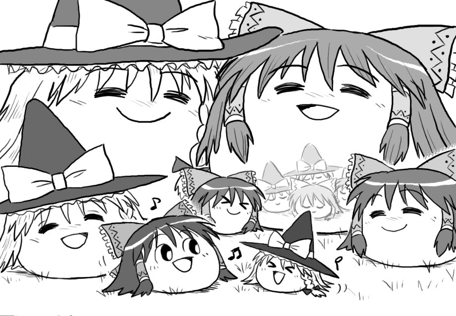 blonde_hair, bow, braid, brown_hair, edit, grass, hakurei_reimu, hat
