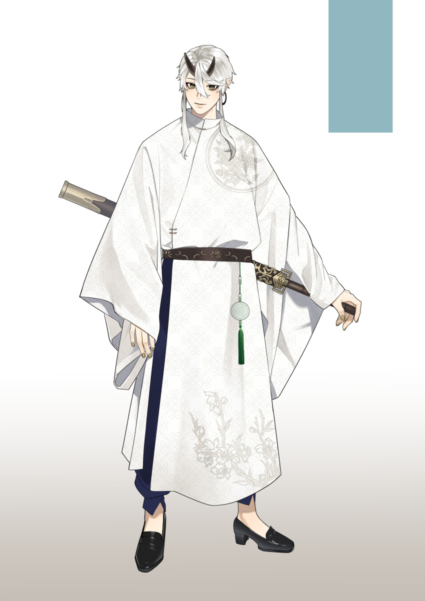 1600pommsky, 1boy, absurdres, black_footwear, black_horns, blue_pants, brown_sash, chinese_clothes, earrings, eyeshadow, floral_print, full_body, highres, hoop_earrings, horns, jewelry, kyura_(1600pommsky), legs_apart, light_smile, loafers, looking_at_viewer, makeup, male_focus, oni_horns, original, pants, patterned_clothing, pointy_ears, red_eyeshadow, robe, sheath, sheathed, shoes, short_hair_with_long_locks, simple_background, solo, standing, sword, tassel, weapon, white_background, white_hair, white_robe, wide_sleeves, yaopei, yellow_eyes, yellow_nails