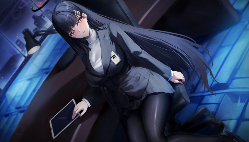 1girl, absurdres, black_jacket, black_pantyhose, black_skirt, blazer, blue_archive, breasts
