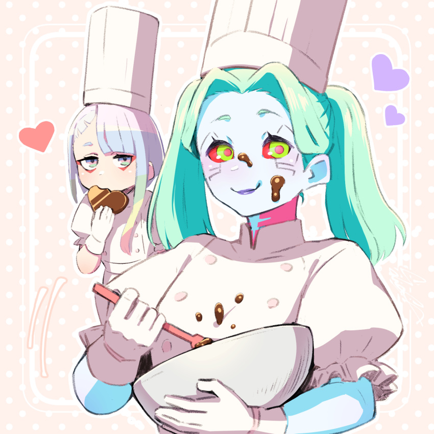 2girls, aqua_hair, blonde_hair, blue_hair, bowl, chef, chef_hat, chocolate