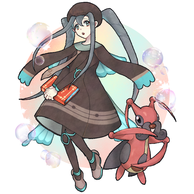 1girl, blue_hair, blue_wings, book, brown_dress, brown_footwear, brown_headwear, brown_necktie