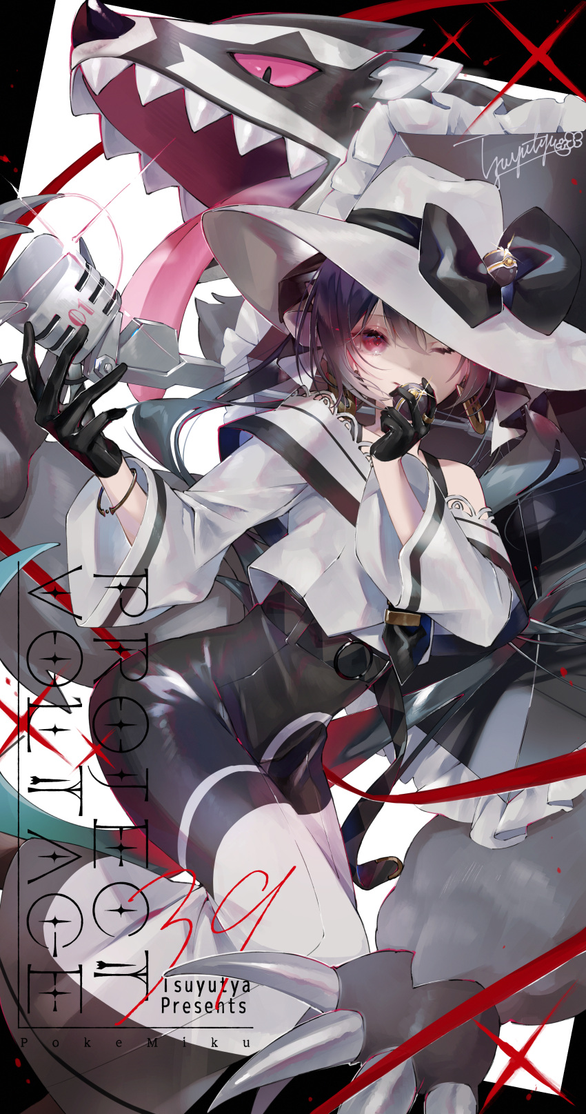 1girl, absurdres, black_gloves, black_ribbon, dark_green_hair, dark_miku_(project_voltage), earrings, fangs