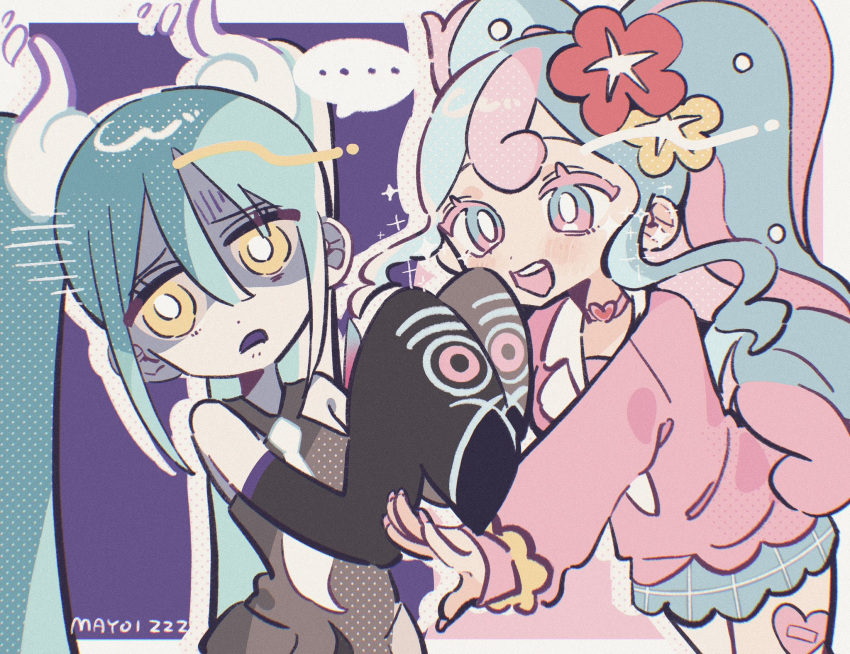 ..., 2girls, :d, annoyed, artist_name, averting_eyes, black_sleeves, blue_eyes