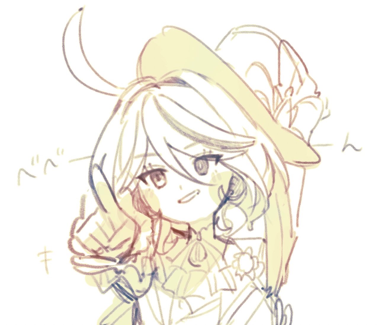 1girl, ahoge, ascot, blush, bow, coat, frilled_sleeves, frills, furina_(genshin_impact), gem, genshin_impact, gloves, greyscale, grin, hat, hat_bow, long_sleeves, monochrome, multicolored_hair, otenmu, pointing, pointing_at_viewer, simple_background, smile, solo, streaked_hair, top_hat