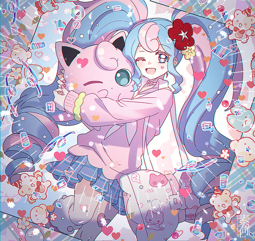 1girl, bag, blue_skirt, cardigan, choker, fairy_miku_(project_voltage), flower, hair_flower