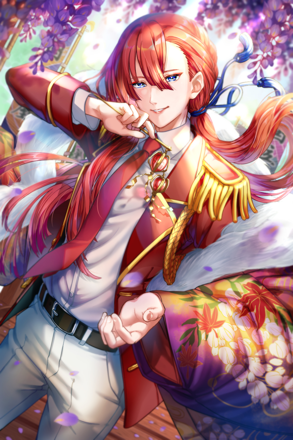 1boy, aiguillette, banner, belt, black_belt, blazer, blue_eyes, blue_ribbon