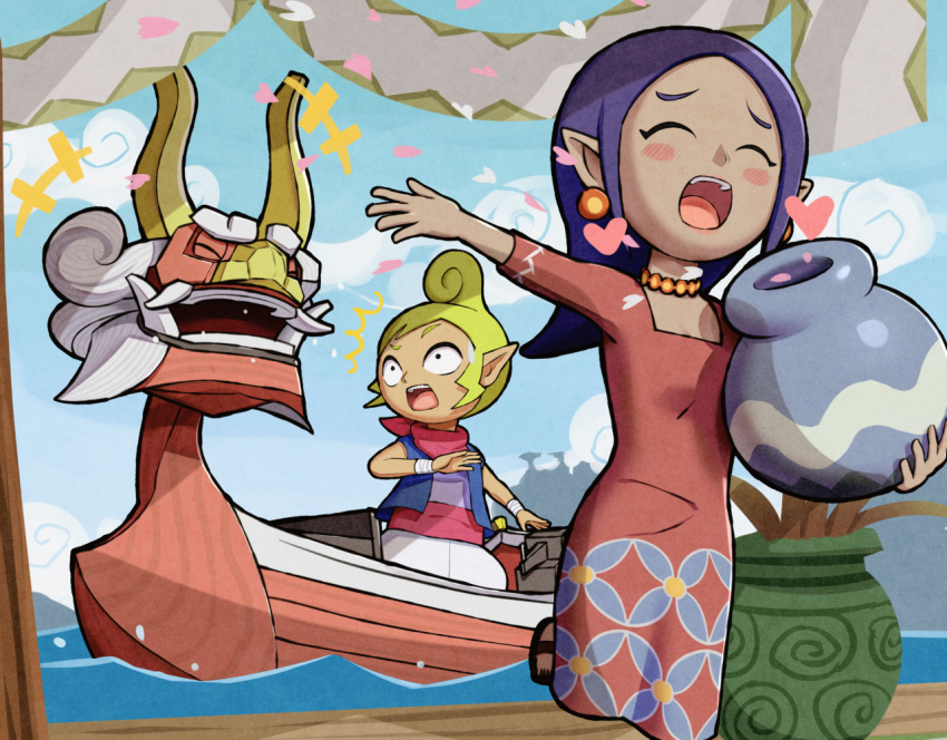 2girls, bandana, banner, blonde_hair, blue_vest, blush_stickers, boat, closed_eyes