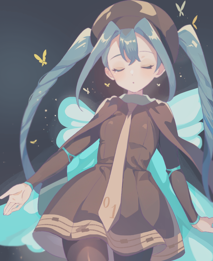 1girl, animal_print, aqua_hair, brown_dress, brown_headwear, brown_pantyhose, bug, bug_miku_(project_voltage)