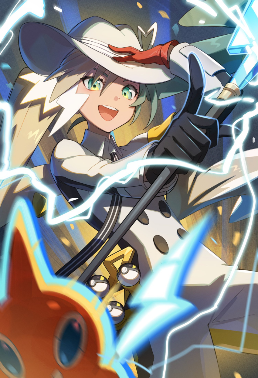 asymmetrical_gloves, black_gloves, cane, electric_miku_(project_voltage), electricity, gloves, green_eyes, hand_on_headwear