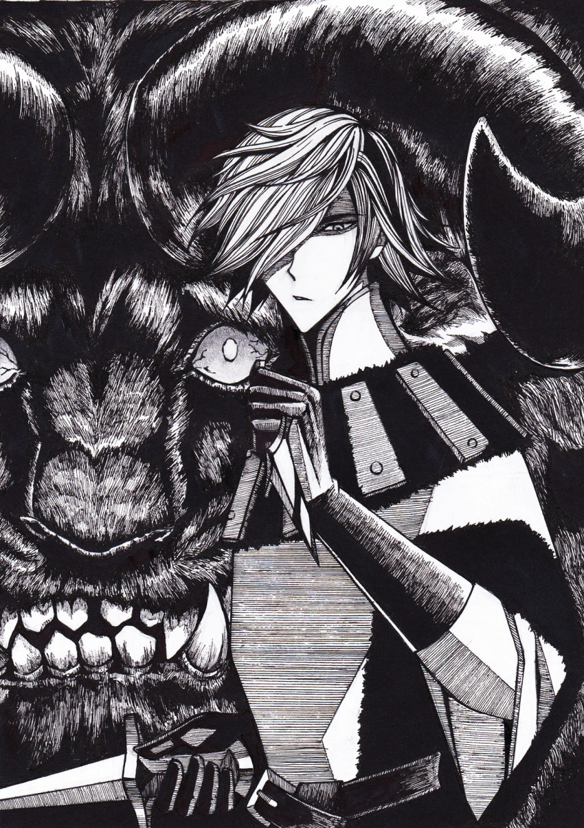 2boys, berserk, black_gloves, black_hair, blood, blood_on_weapon, coat, crossover, english_commentary, fighting_stance, fur_trim, gloves, hair_over_one_eye, high_collar, highres, holding, holding_knife, holding_weapon, horns, knife, kuji_mitsuhisa_(style), looking_at_viewer, maskedpeach, miura_kentarou_(style), monochrome, monster, multicolored_hair, multiple_boys, parted_lips, shaded_face, sharp_teeth, short_hair, teeth, traditional_media, two-tone_hair, upper_body, weapon, white_coat, white_hair, wolfram_(wolfsmund), wolfsmund, zodd_(berserk)