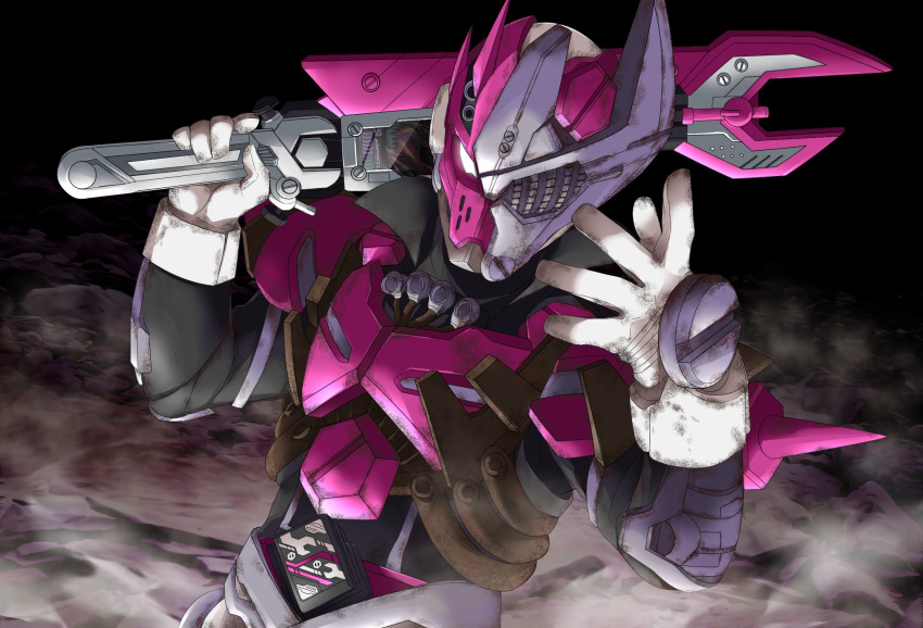 1boy, asymmetrical_armor, bolt, fire, gloves, helmet, highres, holding, holding_sword, holding_weapon, kamen_rider, kamen_rider_gotchard_(series), male_focus, miyabi_(037), over_shoulder, power_armor, shoulder_spikes, smoke, solo, spikes, sword, valvarad, valvarusher, weapon, weapon_over_shoulder, white_gloves
