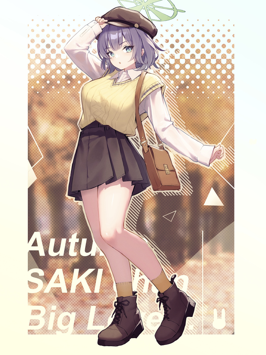 1girl, absurdres, bag, black_skirt, blue_archive, boots, brown_footwear, brown_headwear, cabbie_hat, collared_shirt, full_body, green_eyes, green_halo, hair_between_eyes, halo, hat, highres, hoyhoy_colo, long_sleeves, open_mouth, pleated_skirt, purple_hair, saki_(blue_archive), shirt, short_hair, shoulder_bag, skirt, socks, solo, sweater_vest, vest, white_shirt, yellow_socks, yellow_vest