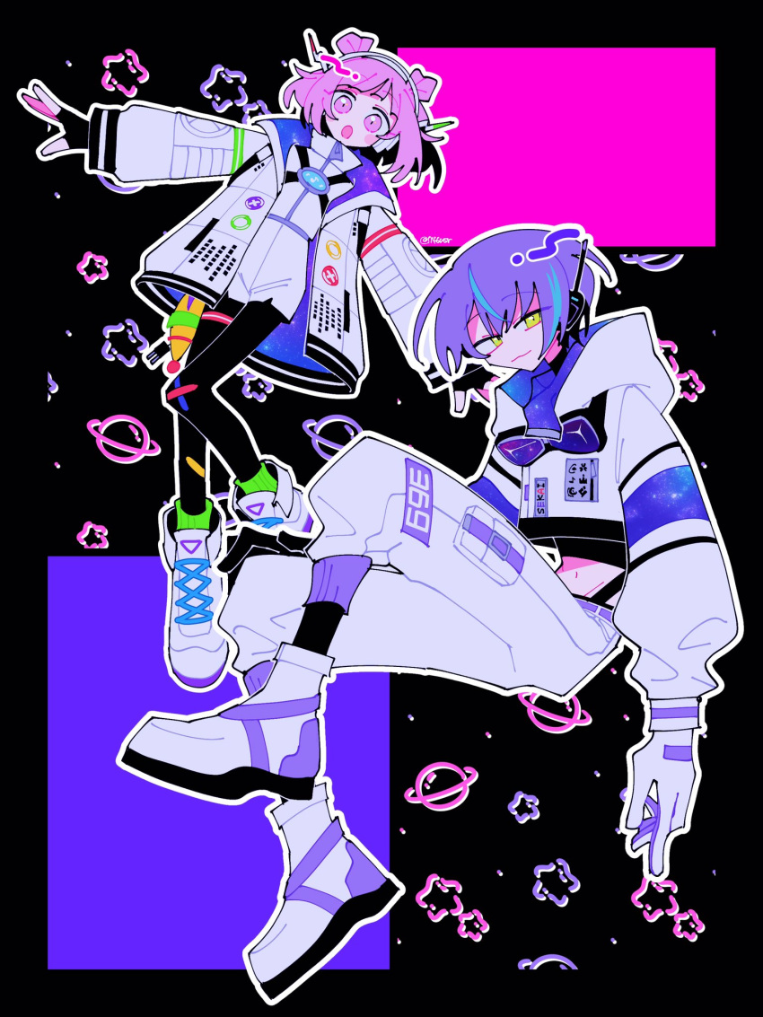 1boy, 1girl, black_pantyhose, blue_hair, boots, cosmic_rhythm_shooter_(project_sekai), double_bun, gloves
