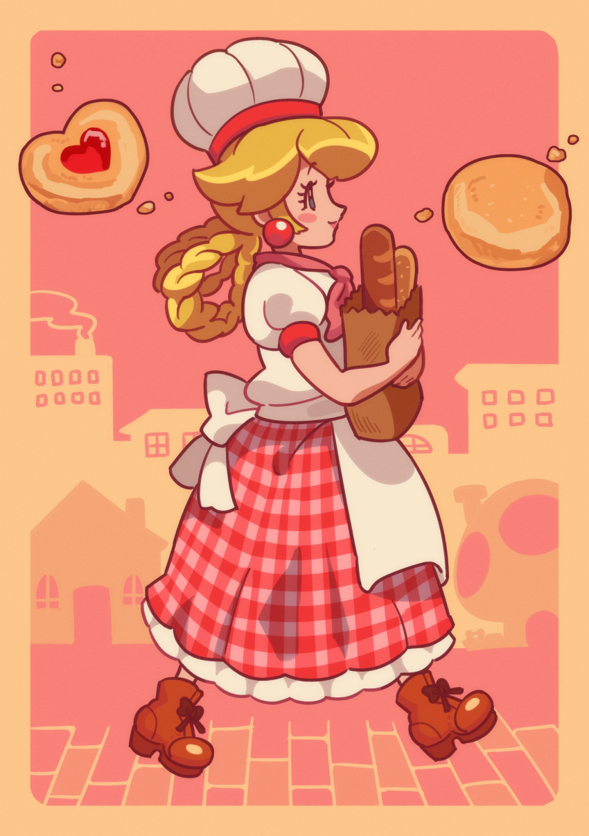 1girl, absurdres, apron, bag, baguette, blonde_hair, boots, braid