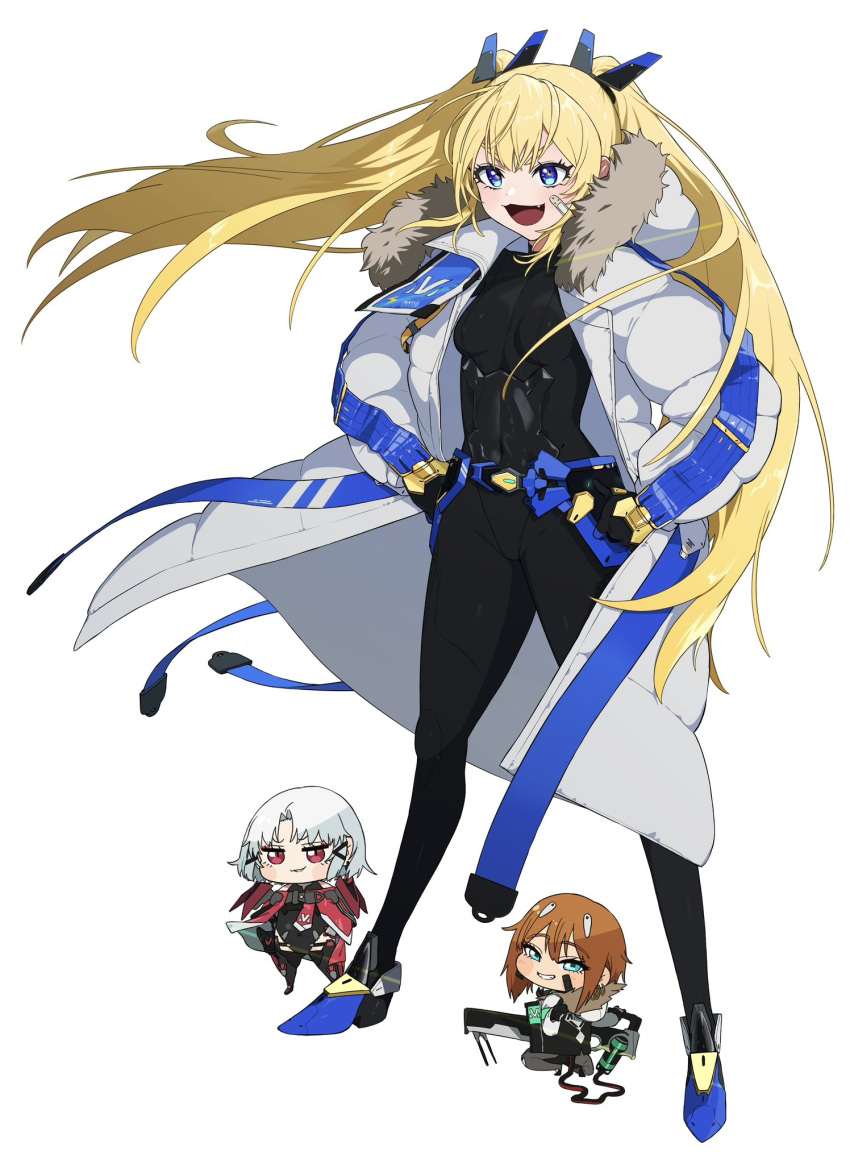 bandaid, bandaid_on_cheek, bandaid_on_face, belt, black_bodysuit, black_gloves, blonde_hair, blue_eyes