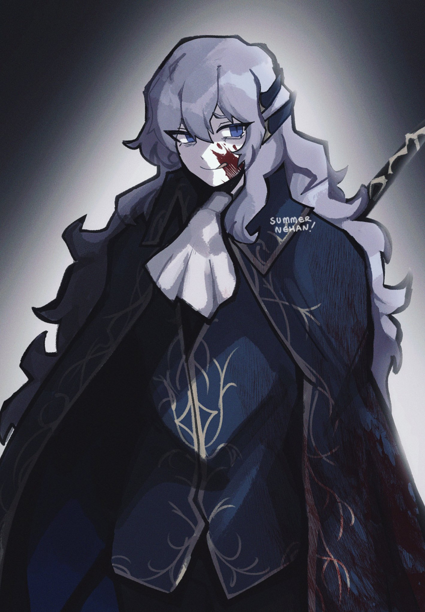 1boy, :q, argalia_(library_of_ruina), ascot, blood, blood_on_face, blue_cape, blue_eyes, blue_jacket, cape, closed_mouth, cowboy_shot, gold_trim, highres, holding, holding_scythe, jacket, library_of_ruina, licking_blood, long_hair, looking_at_viewer, project_moon, scythe, smile, solo, summernehan, tongue, tongue_out, very_long_hair, white_ascot, white_hair