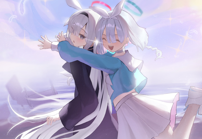 2girls, absurdres, arona_(blue_archive), black_eyes, blue_archive, blue_hair, blush, closed_eyes, colored_inner_hair, highres, kenka_(user_hrjm2543), long_hair, multicolored_hair, multiple_girls, open_mouth, pink_hair, plana_(blue_archive), short_hair, smile, white_hair