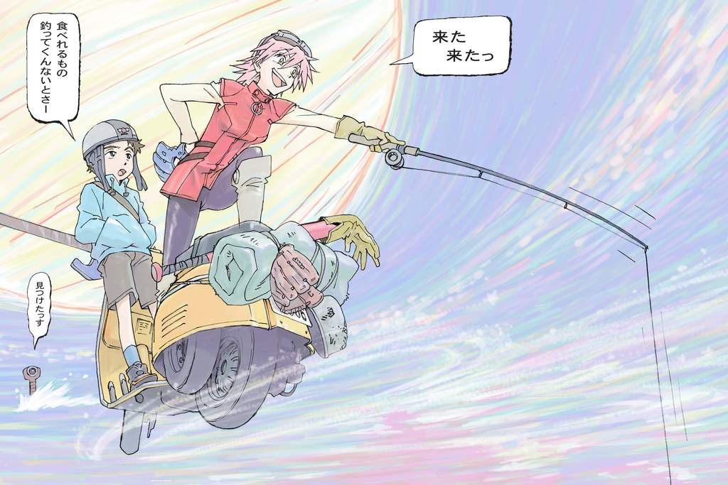 baseball_bat, boots, brown_hair, fishing, fishing_rod, flcl, floating, from_below