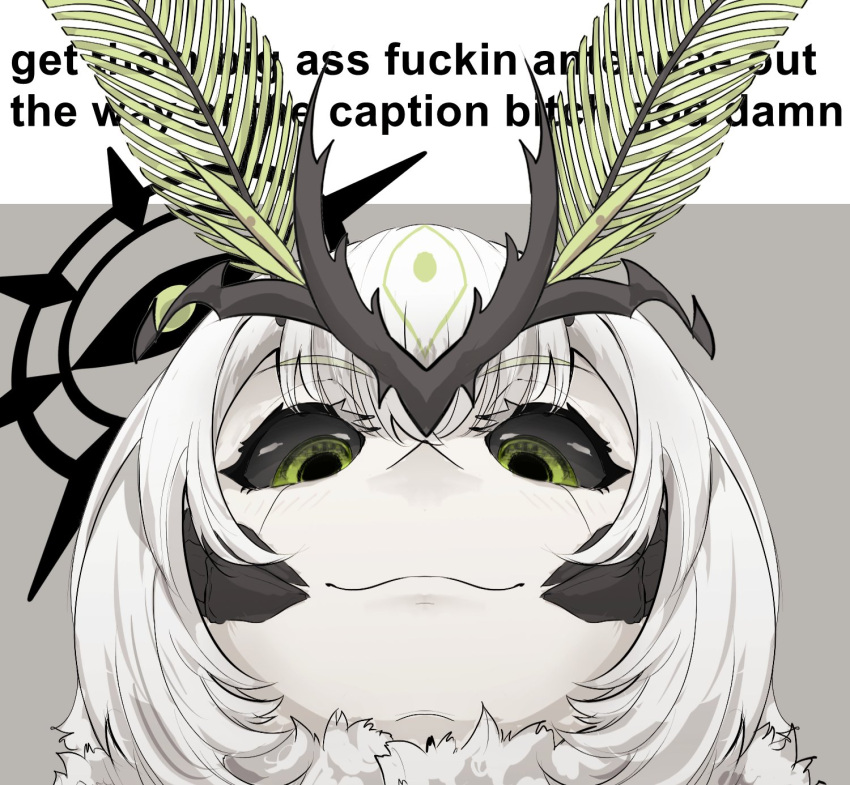 1girl, arthropod_girl, black_halo, black_sclera, close-up, closed_mouth, colored_sclera, colored_skin