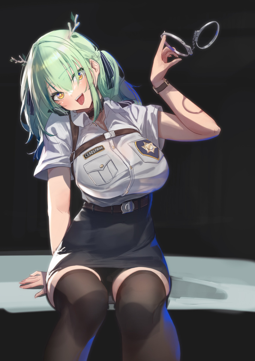 1girl, absurdres, black_thighhighs, blush, breasts, ceres_fauna, chest_harness, choker, cuffs, green_hair, hair_ribbon, handcuffs, harness, high-waist_skirt, highres, holding, holding_handcuffs, hololive, hololive_english, large_breasts, medium_hair, midorimae, mole, mole_under_eye, open_mouth, police, police_uniform, policewoman, ribbon, simple_background, sitting, skirt, thigh-highs, tongue, tongue_out, twintails, uniform, virtual_youtuber, watch, watch, yellow_eyes