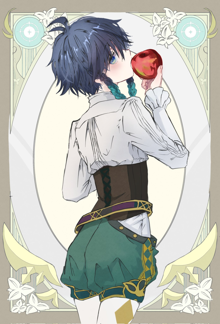 1boy, ahoge, apple, bishounen, black_gloves, blue_eyes, braid, cowboy_shot, flower, food, from_behind, fruit, fugusashi_(fgss2089), genshin_impact, gloves, highres, holding, holding_food, holding_fruit, male_focus, red_apple, shirt, short_hair, shorts, twin_braids, venti_(genshin_impact), white_shirt