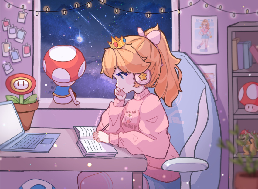 1boy, 1girl, absurdres, alternate_costume, blonde_hair, blue_eyes, book, bookshelf, computer, crown, fire_flower, from_side, headphones, highres, indoors, laptop, lofi_girl_(youtube), mushroom_bread, night, night_sky, open_book, pen, pink_shirt, ponytail, princess_peach, shirt, sitting, sky, super_mario_bros., super_mushroom, toad_(mario), window