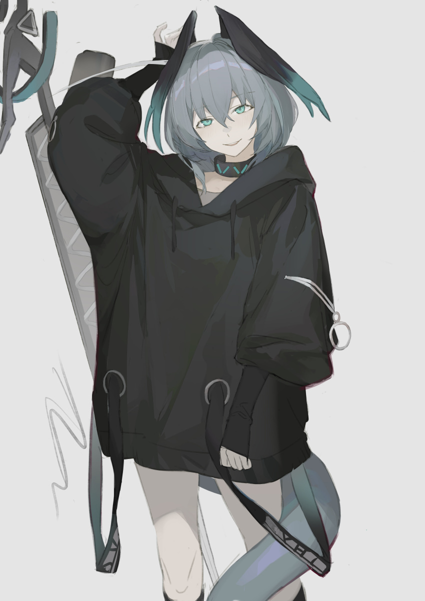 1girl, absurdres, arknights, black_collar, black_gloves, black_socks, black_sweater, blue_eyes