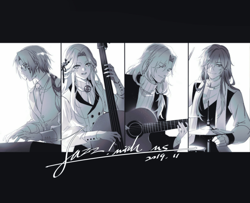 4boys, acoustic_guitar, alternate_costume, black_border, border, brooch, cabbage_blossom_(the_tale_of_food), cello